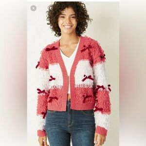 Mighty Fine Striped Red & White Bow Cardigan Sweater Women’s Size L